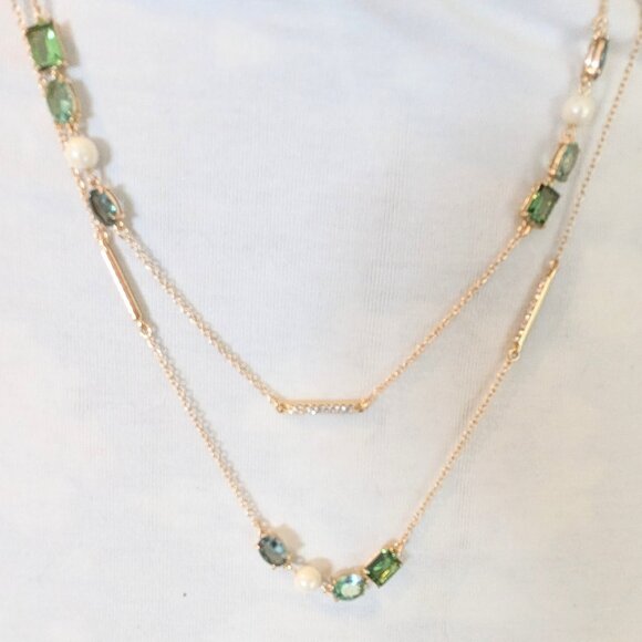 Ralph Lauren Green/Blue & Clear stones in gold toned runaway long/layer necklace - Picture 1 of 5